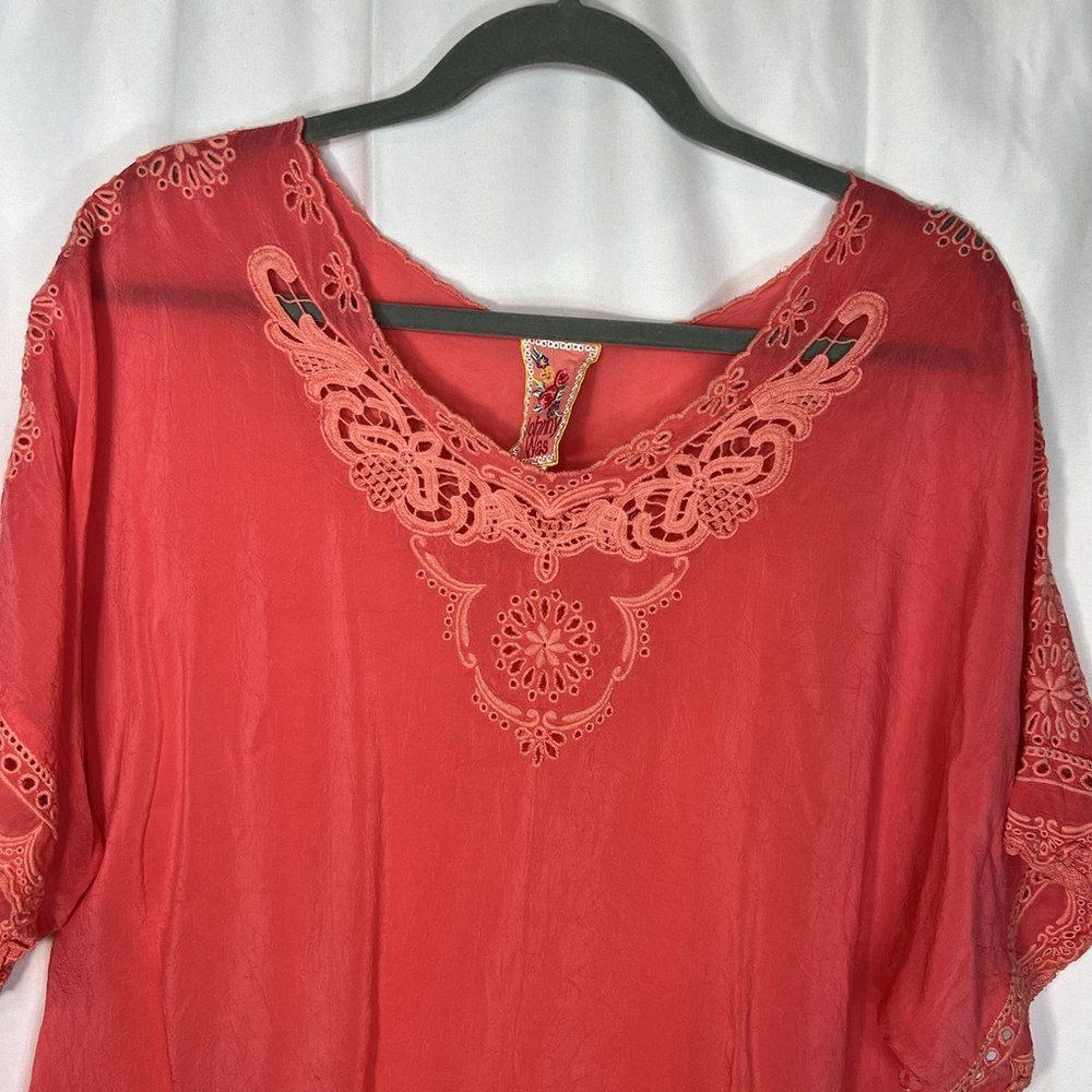 Johnny Was Women’s Embroidered Floral Blouse Coral Short Sleeves M Semi-Sheer - Picture 2 of 12